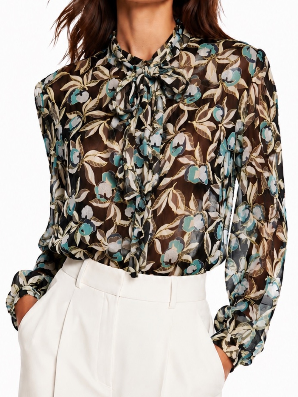 DVF DIANE VON FURSTENBERG Silk Sheer Black & Blue Floral Tie-Neck Blouse Top